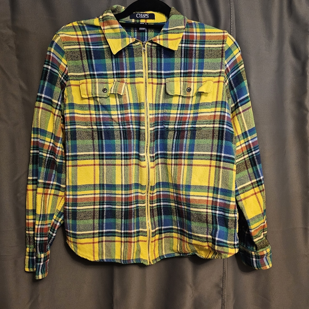 Chaps Medium Ladies Yellow and Blue Plaid Zip Up Shacket
